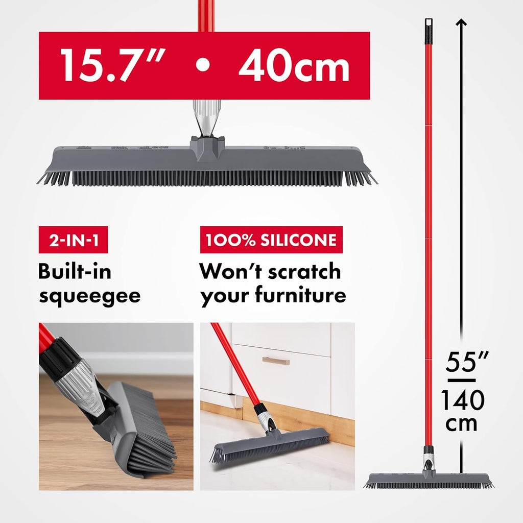 Skiennix 2-in-1 Silicone Rubber Broom | Pet Hair Removal & Squeegee - Long Handle, Slanted Bristles for Corners - Ideal for Carpet, Hardwood, Tile