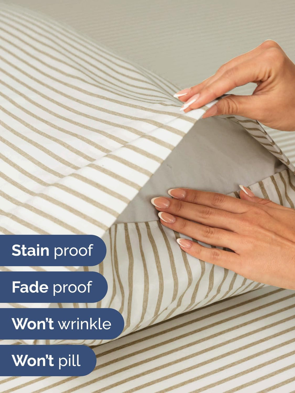 Skiennix Extra Deep Split King Sheet Set - 7 Piece Breathable Cooling Bedding - Soft Wrinkle-Free Beige Stripes