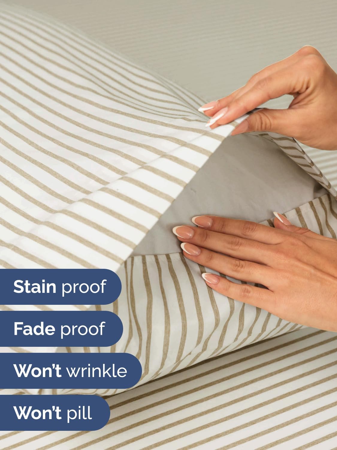 Skiennix Extra Deep Split King Sheet Set - 7 Piece Breathable Cooling Bedding - Soft Wrinkle-Free Beige Stripes