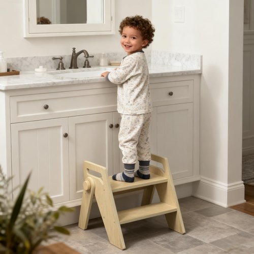 HOMEKOL Toddler Kids Step Stool: Wooden 2 Step Stool for Bathroom Sink Kitchen, Foldable with Side Handles, 300 lbs Capacity, Non-Slip A-Frame, Natural Wood Color
