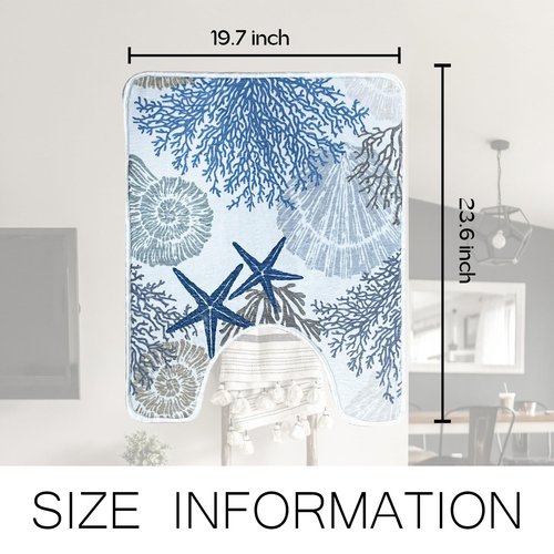 BBSET Blue Coastal U Shaped Toilet Rugs Washable 24"x20", Sea Beach Scalloped Contour Bath Mats for Bathroom Non Slip, Microfiber Absorbent Starfish Bath Mats (Sea)
