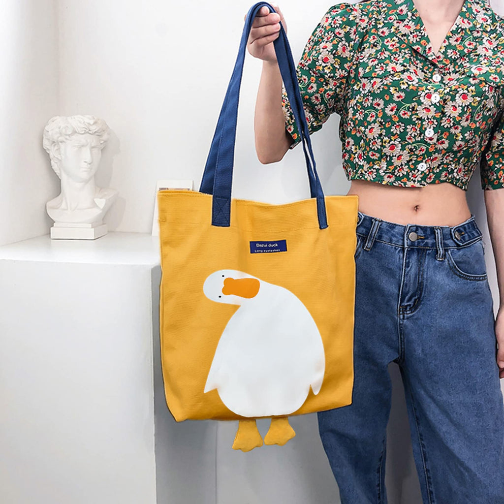 MEETPET Cute Canvas Tote Bag for Women Reusable Cotton Cloth Bag for Lunch Grocery Shopping and Beach with 3D Duck Design (Shoulder Carry Yellow Duck)