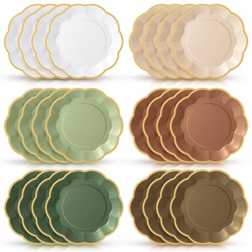 Tiangrid 72 Pcs Woodland Paper Plates 9 Inch Green and Brown Gradient Scalloped Paper Disposable Dinner Dessert Plates for Birthday Wedding Bridal Party Supplies, 6 Colors