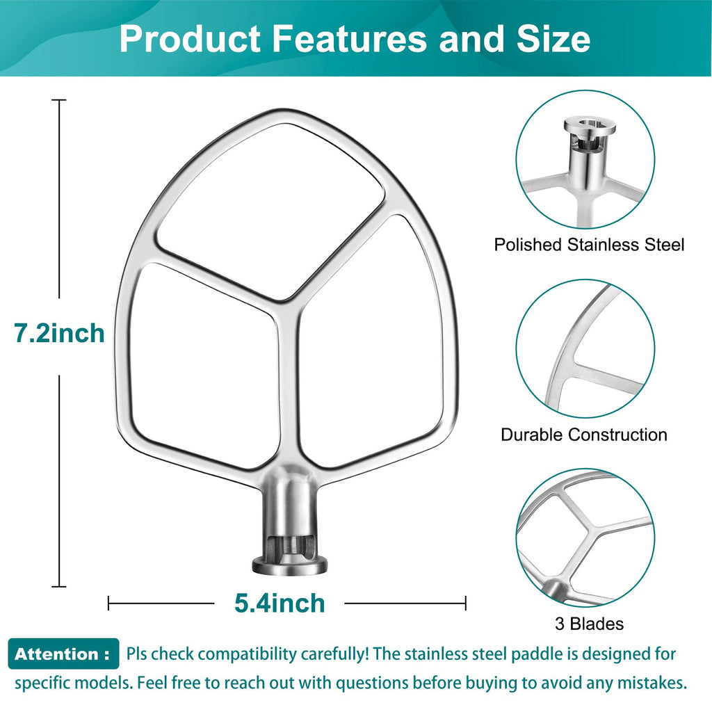 Flat Beater Compatible with KitchenAid 5-6 Quart Bowl-Lift Stand Mixer, airkitrep Polished Stainless Steel Paddle Attachment Replacement for Kitchen Aid Stand Mixers, Heavy Duty and Dishwasher Safe