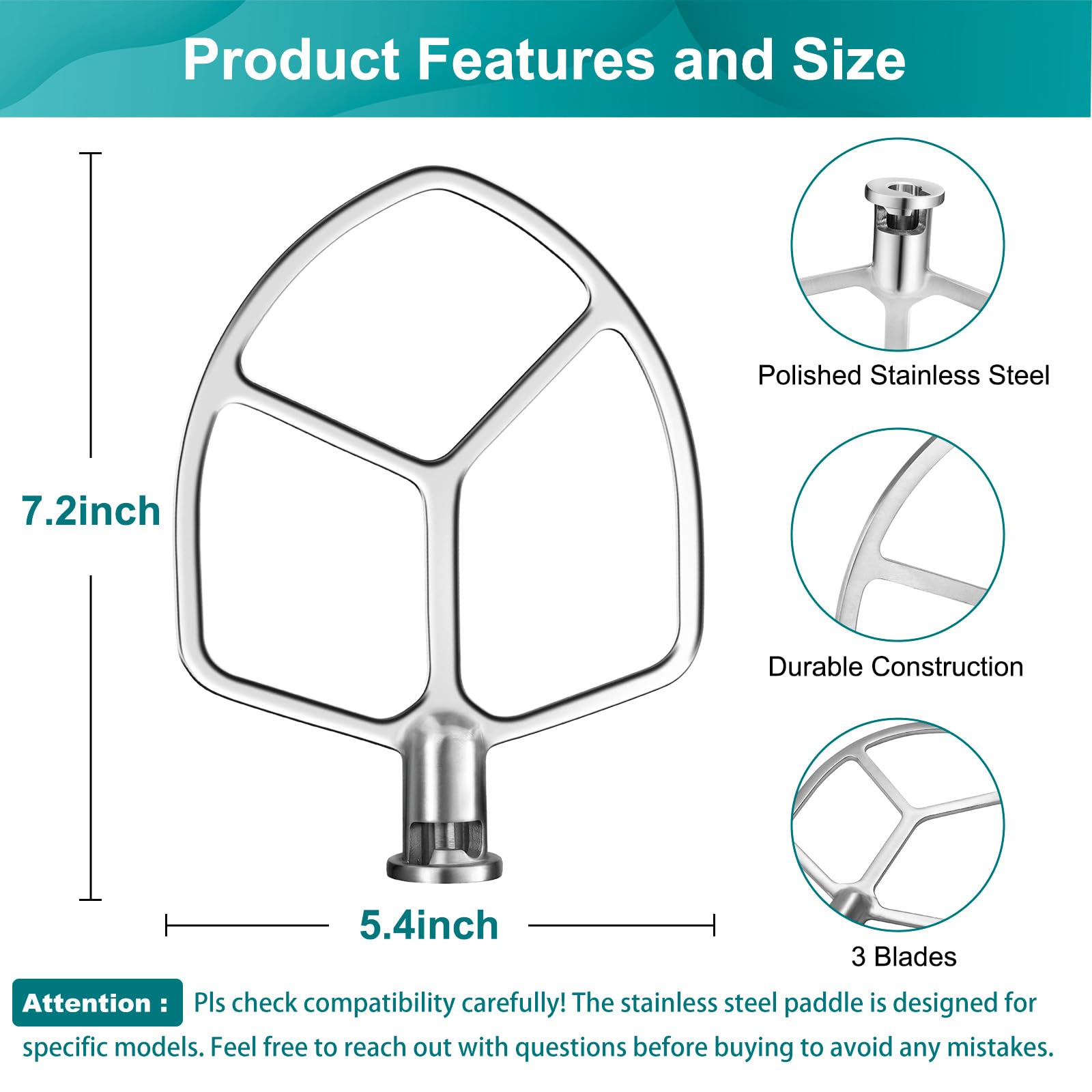 Flat Beater Compatible with KitchenAid 5-6 Quart Bowl-Lift Stand Mixer, airkitrep Polished Stainless Steel Paddle Attachment Replacement for Kitchen Aid Stand Mixers, Heavy Duty and Dishwasher Safe
