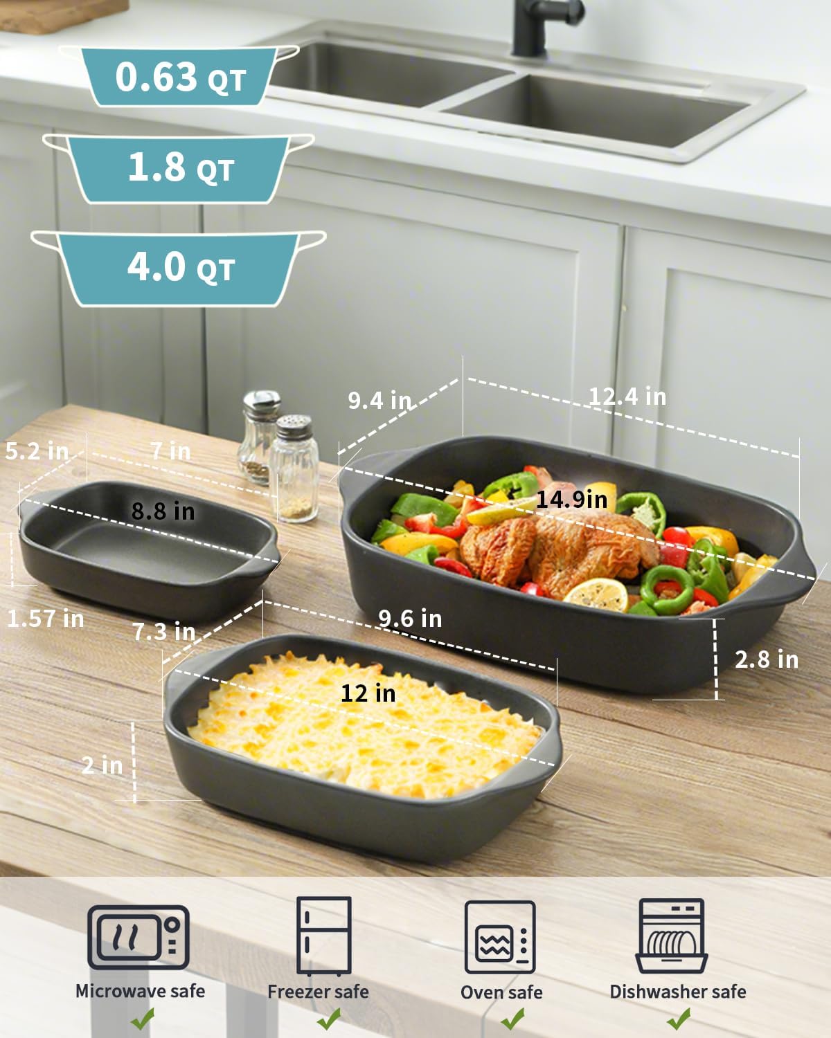 Regine Switzerland Casserole Dish Set - Ceramic Bakeware for Oven | 3 Deep Dishes in Matte Black (0.63/1.8/4 QT)