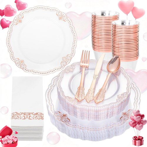 Ciaell 175 PCS Rose and Gold Plastic Plates - Fancy Rose Gold Disposable Dinnerware Set with of 50 Plates, 25 Knives, 25 Forks, 25 Spoons, 25 Cups, 25 Napkins for Wedding & Party & Easter