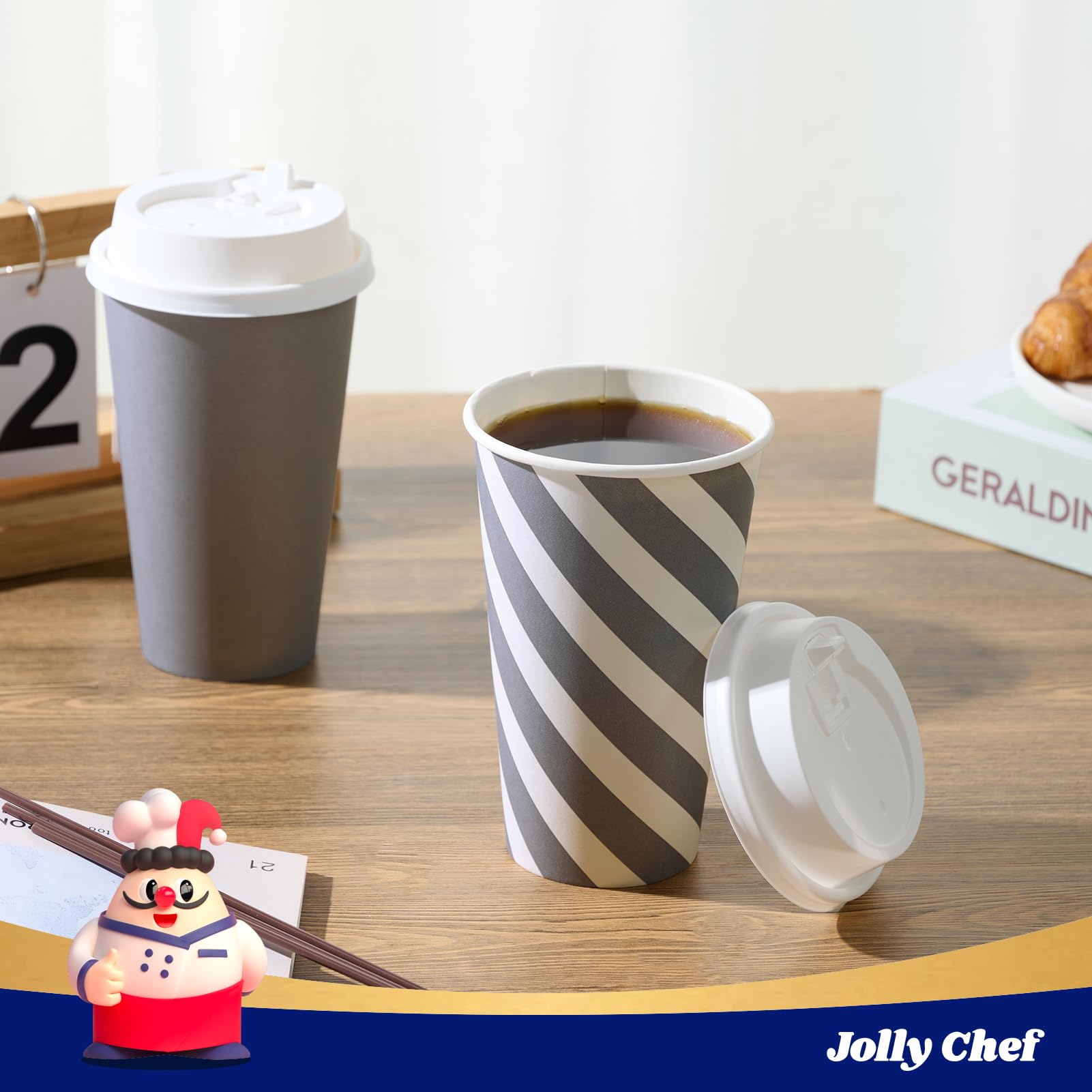 JOLLY CHEF 100 Pack 16 oz Paper Coffee Cups, Disposable Printed Hot Cups with Lids for Home, Business, Restaurant and Cafe (Stripes and Grey)
