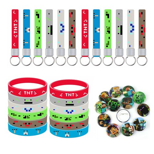 Lyomied 36 Pcs Pixel Birthday Party Favors Set, Game Theme Birthday Party Supplies, Includes Silicone Bracelets, Keychains, Badge, Gaming Party Favors