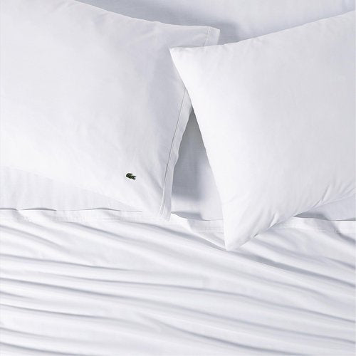Lacoste 100% Cotton Percale 4-Piece Sheet Set – Cool, Crisp, Matte, and Durable, Oeko-Tex Certified – Solid, White, Queen