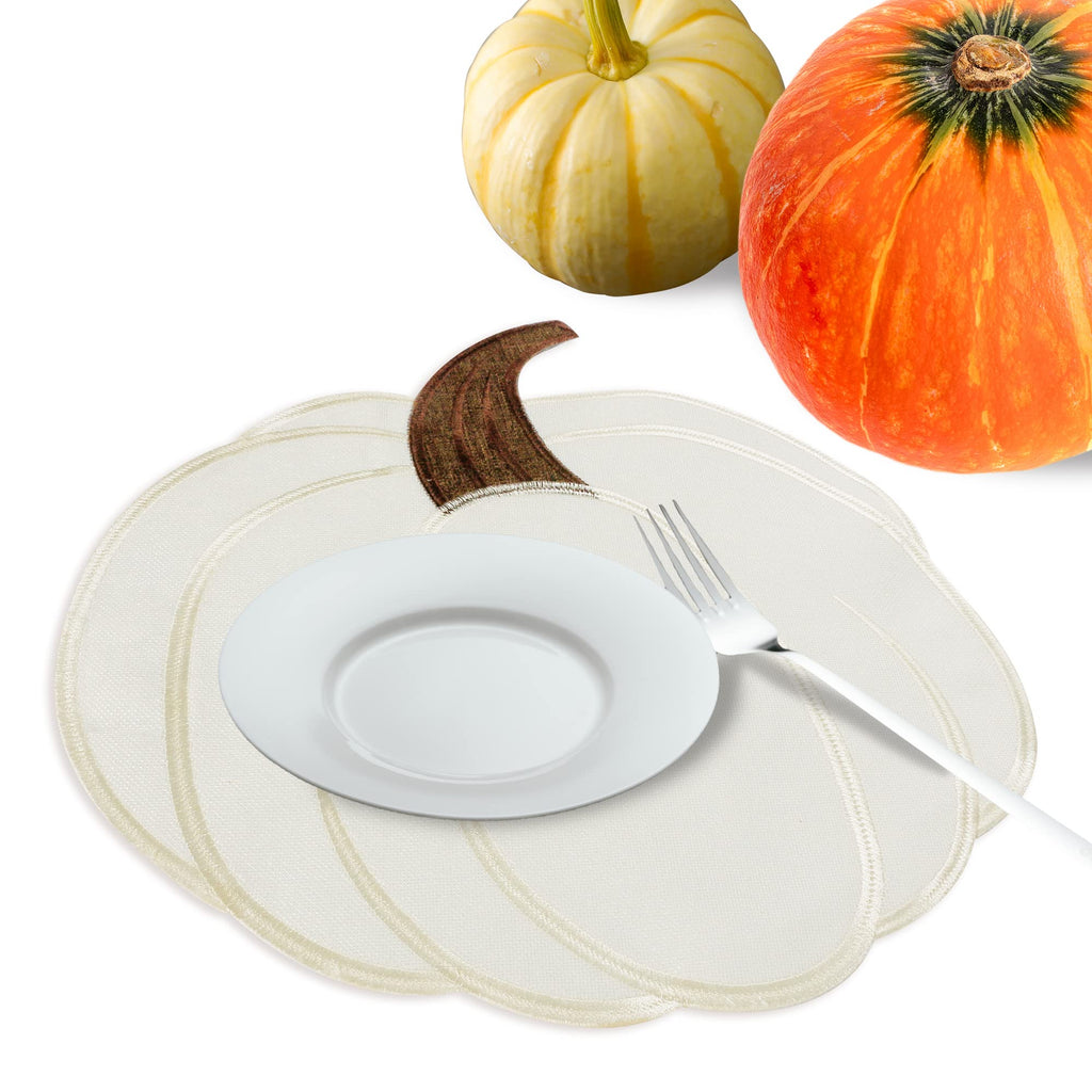 OWENIE Fall Placemats Set of 4, Thanksgiving Round Placemats with Embroidered Pumpkins, Harvest Placemat, Autumn Home Decor, Halloween Table Mats for Kitchen Dinning Table, Ivory, 15 Inch