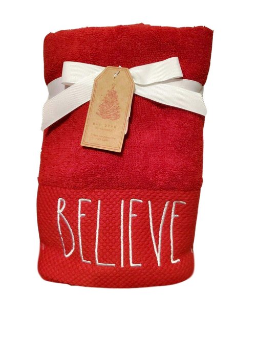 Rae Magenta Dunn Christmas Holiday 2 Pc Embroidered Cotton Towel Set (Red Fingertip Towels Believe)