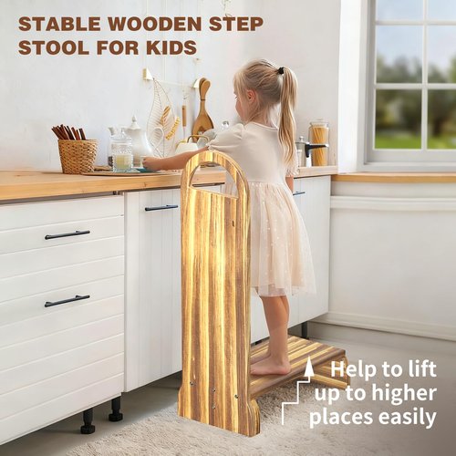 Wooden One Step Stool with Handle, 6" Height Wooden Step for Bathroom/Kitchen, Solid Wooden Step with Semicircle feet for Elderly, Adults, Kids to Get in & Out of Bed Easily(440LBs Capacity)