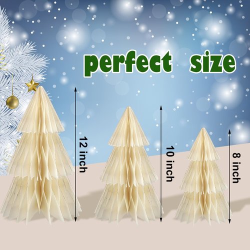 3 Pcs Honeycomb Paper Christmas Tree 8" 10" 12" Modern Christmas Decor 3D Paper Honeycomb Tree for Xmas Mantel Decorations Holiday Xmas Festive Party Supplies(White)