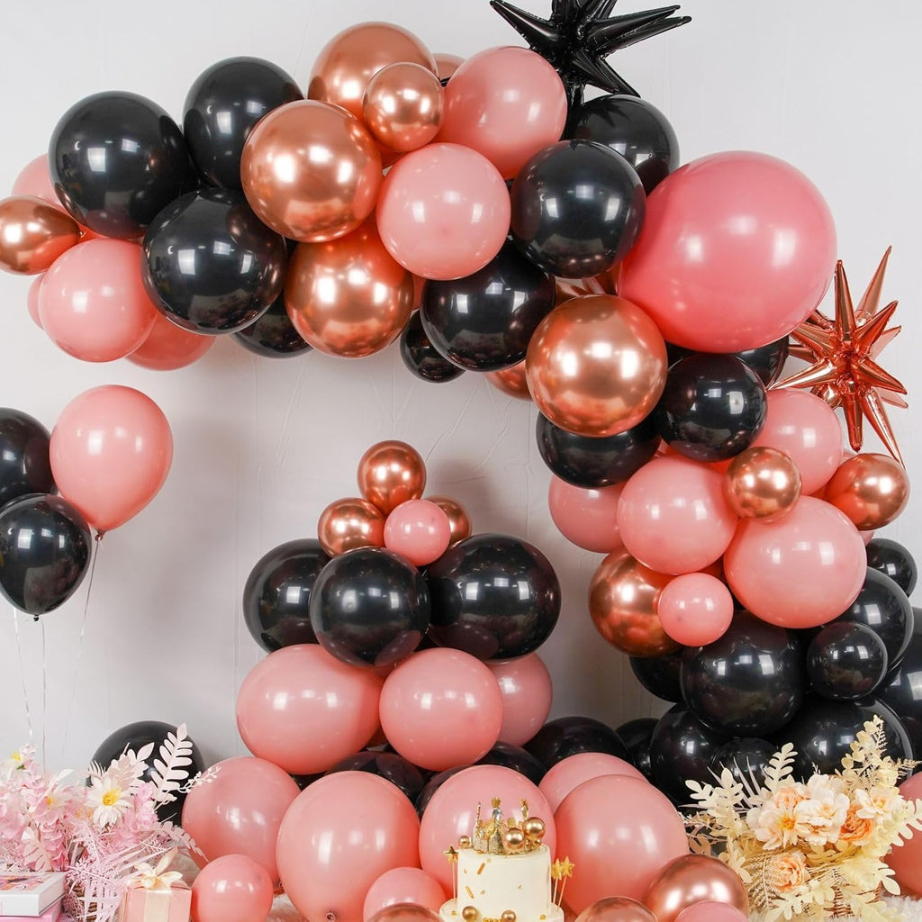 Regine Switzerland Dusty Pink & Black Balloon Arch - Blush Pink Garland with Rose Gold Star Foil Balloons for Valentine's Day & Weddings