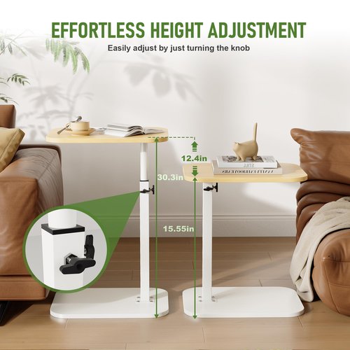 YFGNOEMI C Shaped End Table for Couch, Adjustable Height Couch Side Table, Horizontal 360°Swivel Small TV Tray Table Couch Side Tables That Slide Under (Wood)