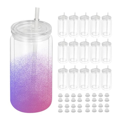 16 PCS Plastic Snow Globe Tumbler,16 oz Double Wall Tumbler with Pre Drilled Hole,Bulk Snow Globe Cups with Clear Lip and Straw,DIY Glitter Snowglobe(No gold powder)
