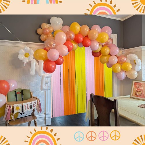 Groovy Foil Fringe Curtains Backdrop Birthday Party Decorations, 2 Pack 3.28 x 6.56 Ft Orange Yellow Pink Tinsel Streamer Photo Booth Props for Hippie Retro Boho Themed Party Decor Supplies