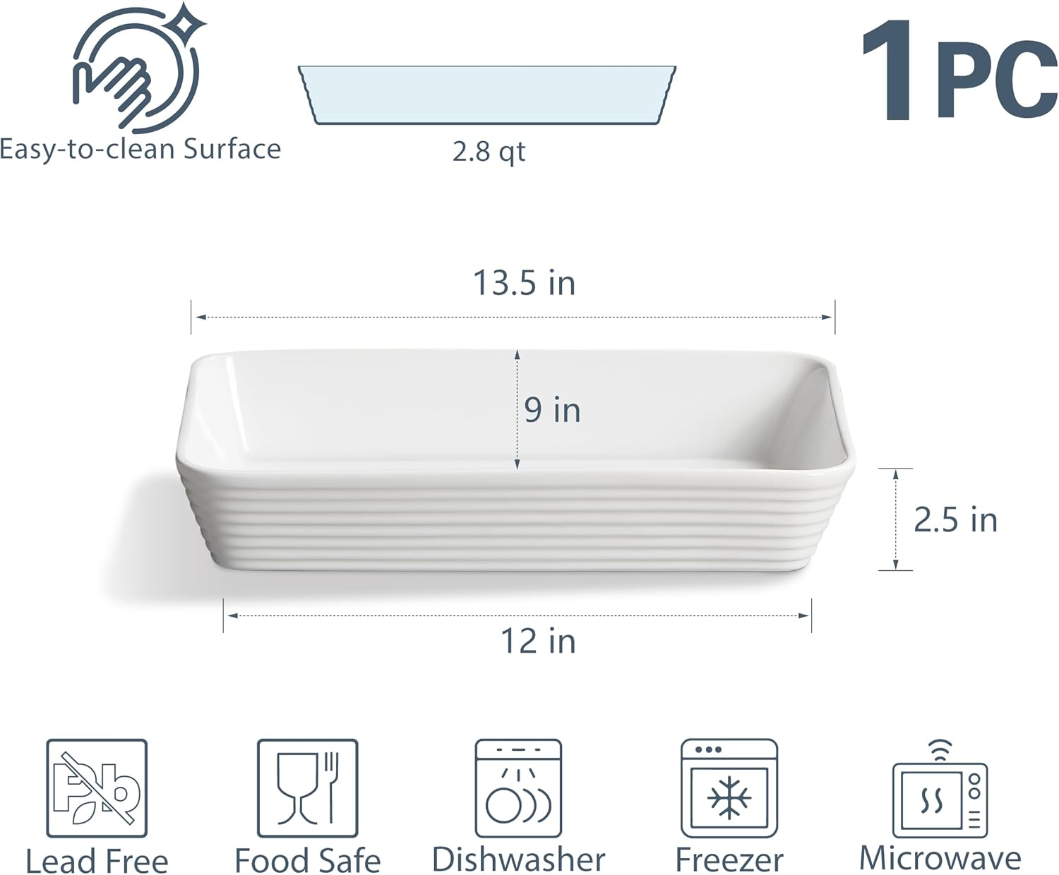 ONEMORE Ceramic Baking Dish - 9x13 Large Rectangular Casserole Pan for Lasagna & Family Meals - Ribbed White Bakeware