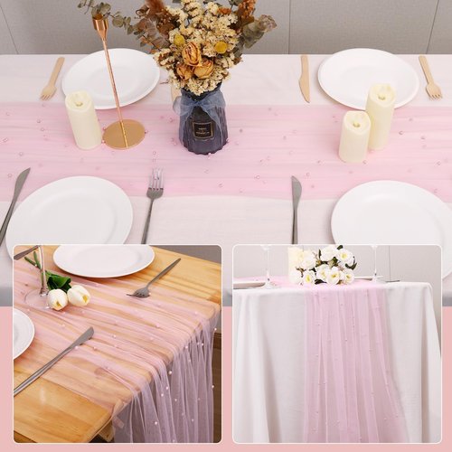 Hugestar Pearl Table Runner 10FT, 30 x 120 Inch Pink Boho Rustic Tulle Lace Table Runner for Spring Summer Birthday Baby Shower Wedding Party Table Decor