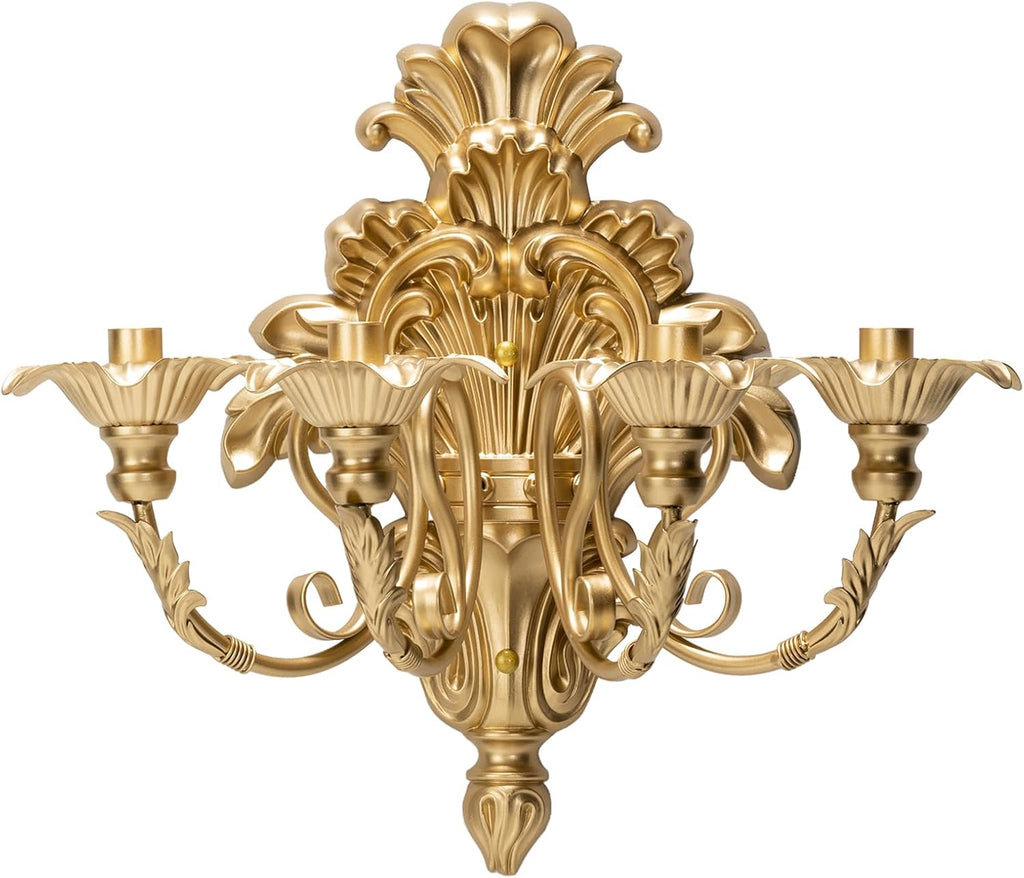 Roman Fountain Wall Sconce - 4-Candle Gold Baroque Candelabra | Antique Metal Tapered Candle Holder for Victorian Decor