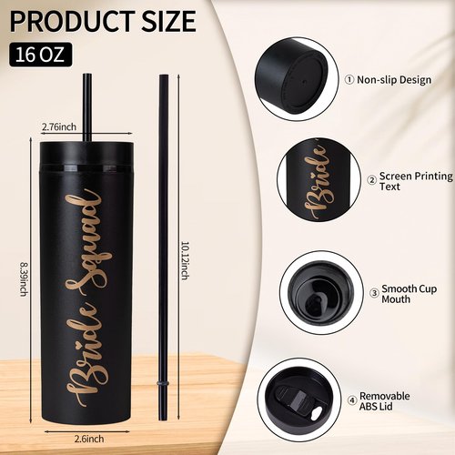 10 Pack Skinny Tumbler | 16 oz Bride & Squad Tumblers | Bachelorette Party Cups | Engagement Wedding Gifts Bridesmaids Mugs Bachelorette Party Supplies & Games (Black)