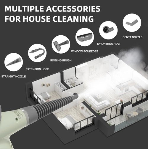 Outspurge Handheld Steam Cleaner, Pressurized Multi-Surface Steam Shot with 13 Accessories, Safety Lock, Steamer for Cleaning Floor, Upholstery, Grout, Windows, Couch and Car, Green