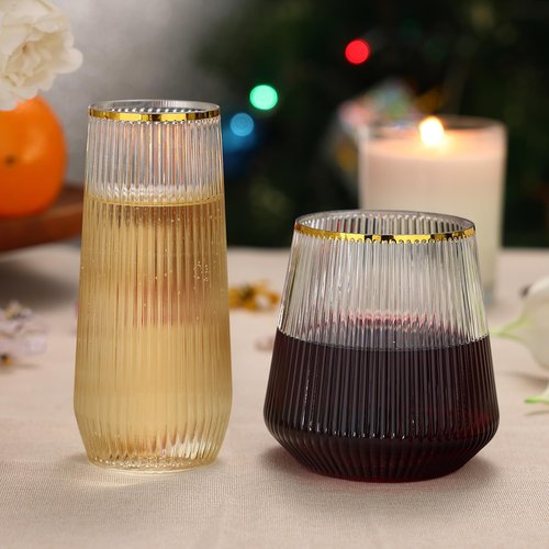48 Pack Ribbed Plastic Wine Glasses – 24 x 9oz Stemless Champagne Flutes & 24 x 12oz Disposable Wine Glasses – Elegant Disposable Plastic Cups with Gold Rim – BPA-Free Drinkware for Weddings, Parties
