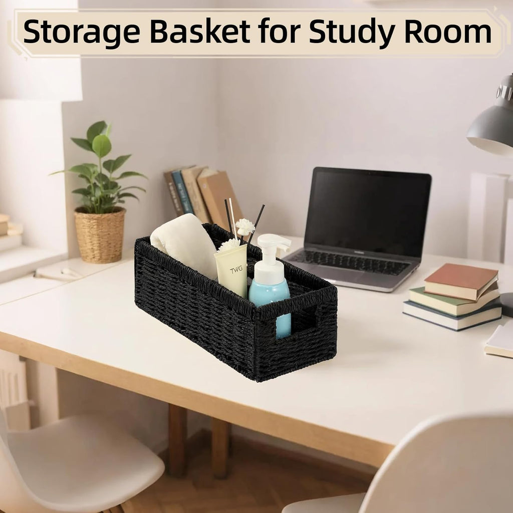 Paper Rope Storage Basket - 2 Pack Foldable Wicker Baskets with Handles | Decorative Large Organizers for Bathroom