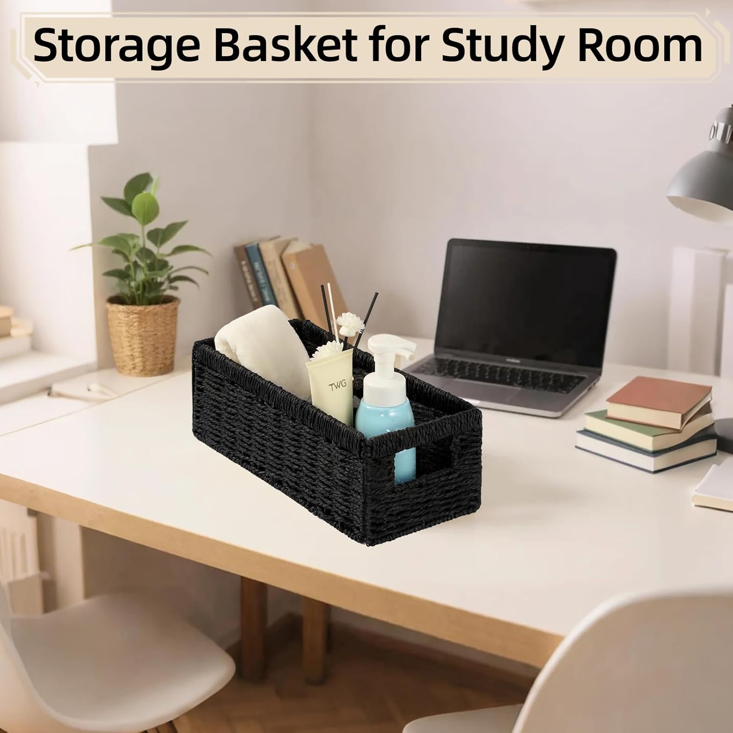 Paper Rope Storage Basket - 2 Pack Foldable Wicker Baskets with Handles | Decorative Large Organizers for Bathroom