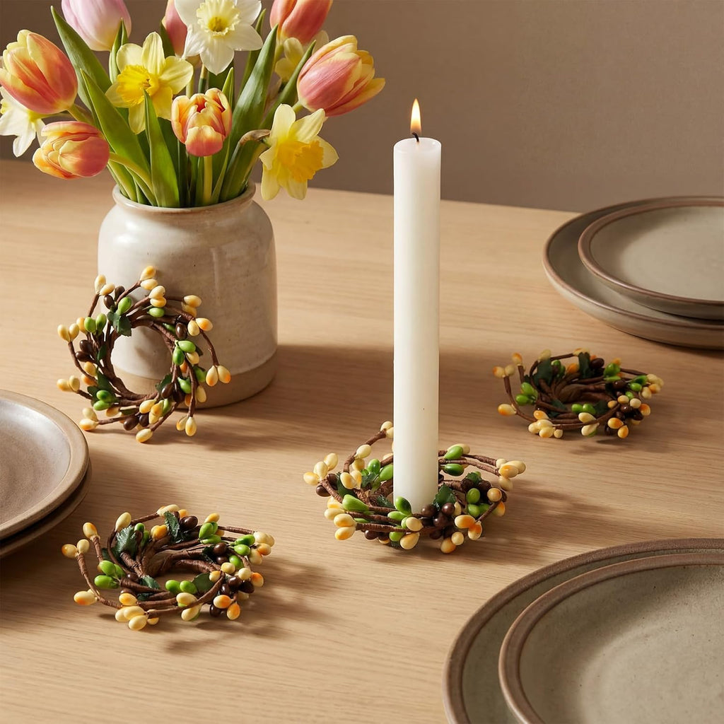 Suncalla Spring Pip Berry Taper Candle Rings - Set of 4 Mini Artificial Wreaths for Home Decor
