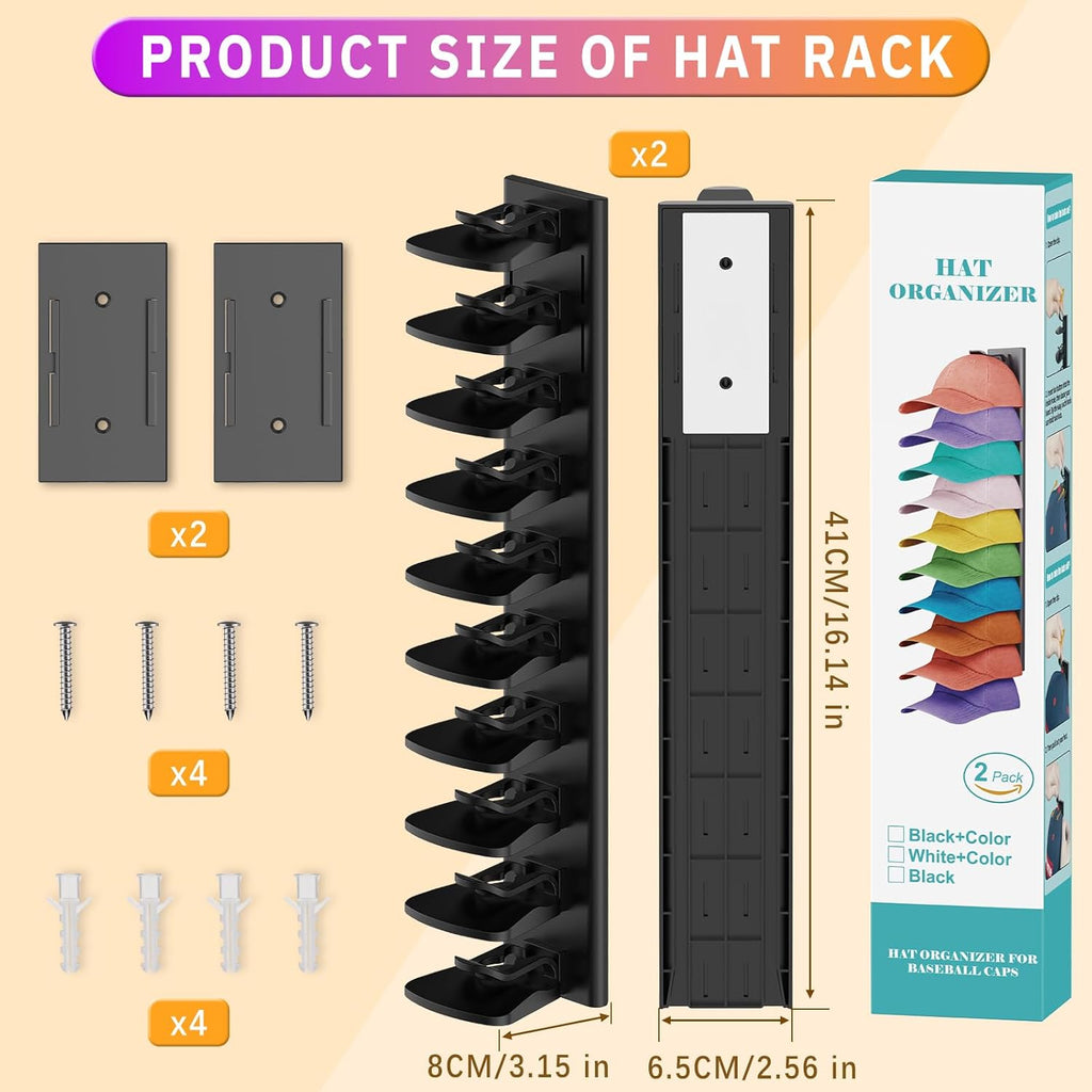 Volnamal Hat Organizer - 2 Pack Baseball Cap Rack Holds Up to 40 Hats | Space-Saving Wall Storage (Black)