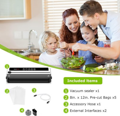 Bonsenkitchen Vacuum Sealer Machine - Multifunctional Food Sealer for Sous Vide & Meal Prep | Silver-Black, Includes 5 Pre-Cut Bags