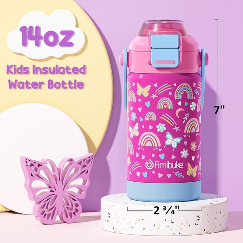 Fimibuke Kids Insulated Water Bottle - 14oz Leak-Proof 18/8 Stainless Steel Tumbler with 2-in-1 Lid | BPA-Free for Travel & School