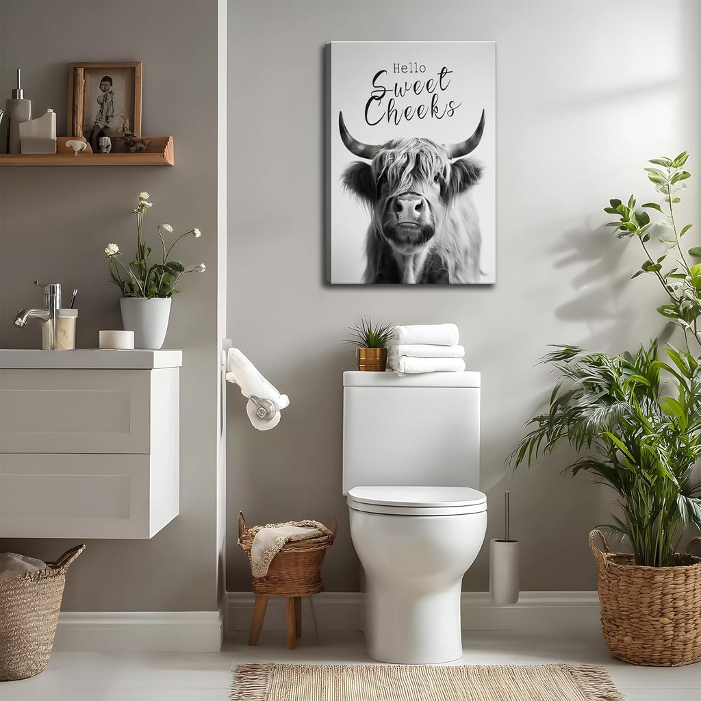 Skiennix Funny Highland Cow Wall Art - Black & White Bathroom Decor | 16x24in Framed Print