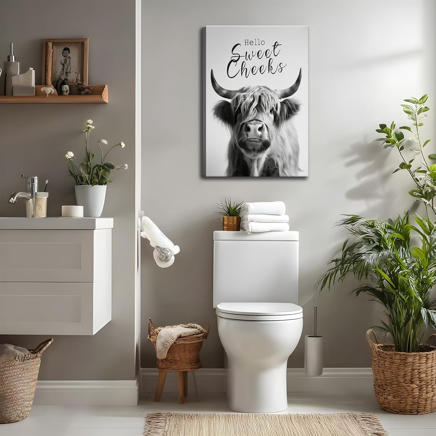 Skiennix Funny Highland Cow Wall Art - Black & White Bathroom Decor | 16x24in Framed Print