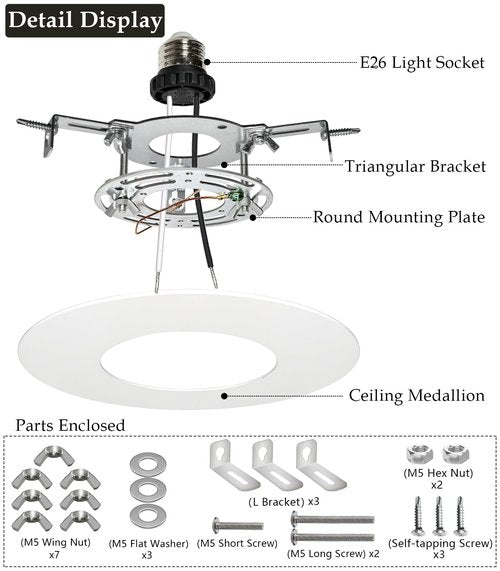 VTYXCTIGJ Recessed Can Light Conversion Kit for 5" and 6" Ceiling Light Fixtures Upgrade, Pendant/Hanging Light, Ceiling Fans Compatible, Includes 7¾" Flat Steel Medallion, White Finish (White-2)