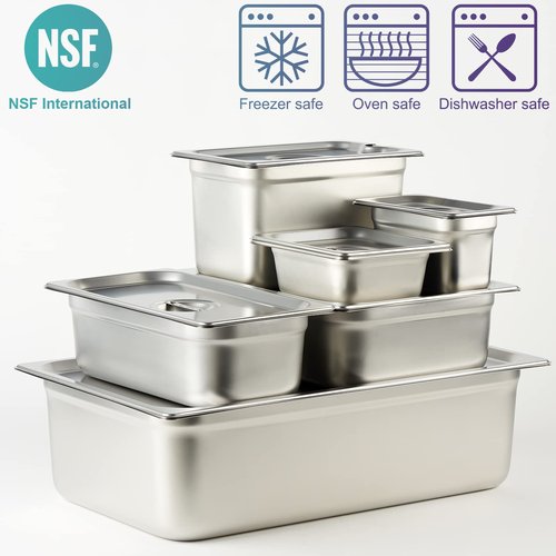 CURTA 6 Pack Anti-Jam Hotel Pans, 1/3 Size 6 Inch Deep, NSF Commercial 18/8 Stainless Steel Chafing Steam Table Pan, Catering Storage Metal Food Pan