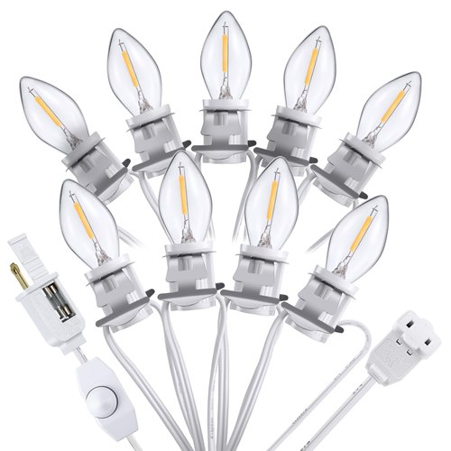Meonum Christmas Village Lights Cord with 9 Bulbs, 18FT C7 LED Lamp with Dimmer & Female Plug, Blow Mold Light Cord for Christmas Houses Villages, Holiday Craft Decorations, Night Light(White)