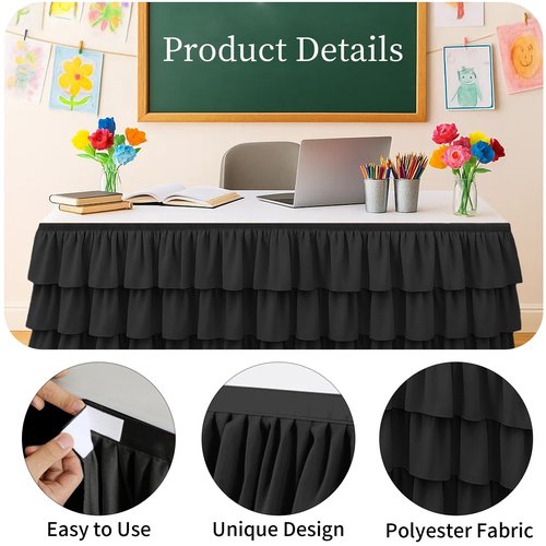 Wokuaile Black Table Skirt Tutu Ruffled Tablecloth for Classroom Teacher Desk Skirt Back to School Supplies for Princess Girls Birthday Party Cake Dessert Decorations, 9FT