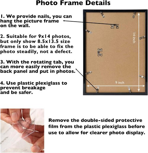 JCJMY 9x14 Picture Frame - Black Wall Mount for Horizontal or Vertical Display | Shatter-Resistant Plexiglass