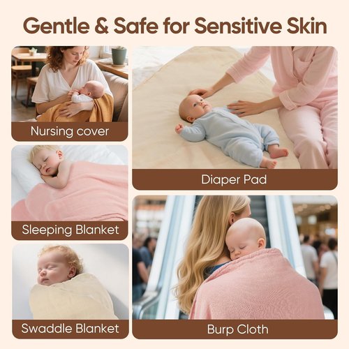 MIGIOL Muslin Swaddle Blankets - Soft & Breathable Newborn Essentials | 47x47 Inches, 3-Pack (Pink & Coffee)