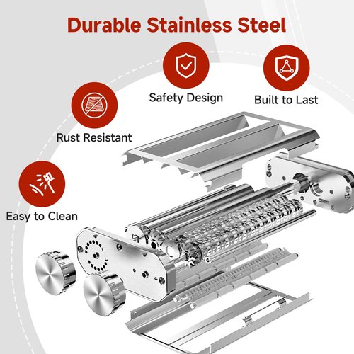 Pasta Maker Attachment for Kitchen Aid Stand Mixers, 304 Stainless Steel, Rust-Proof, 8 Thickness Settings, Easy to Clean, 3 in 1 Accessories for Homemade Spaghetti, Fettuccine, Lasagna