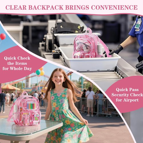 Unineovo Mini Clear Backpack for Stadium Approved 12x6x12, Small Transparent Backpacks Plastic See Through Clear Bag for Kids Grils Women for Sporting Event, Concerts, Work, Festival (Strawberry)