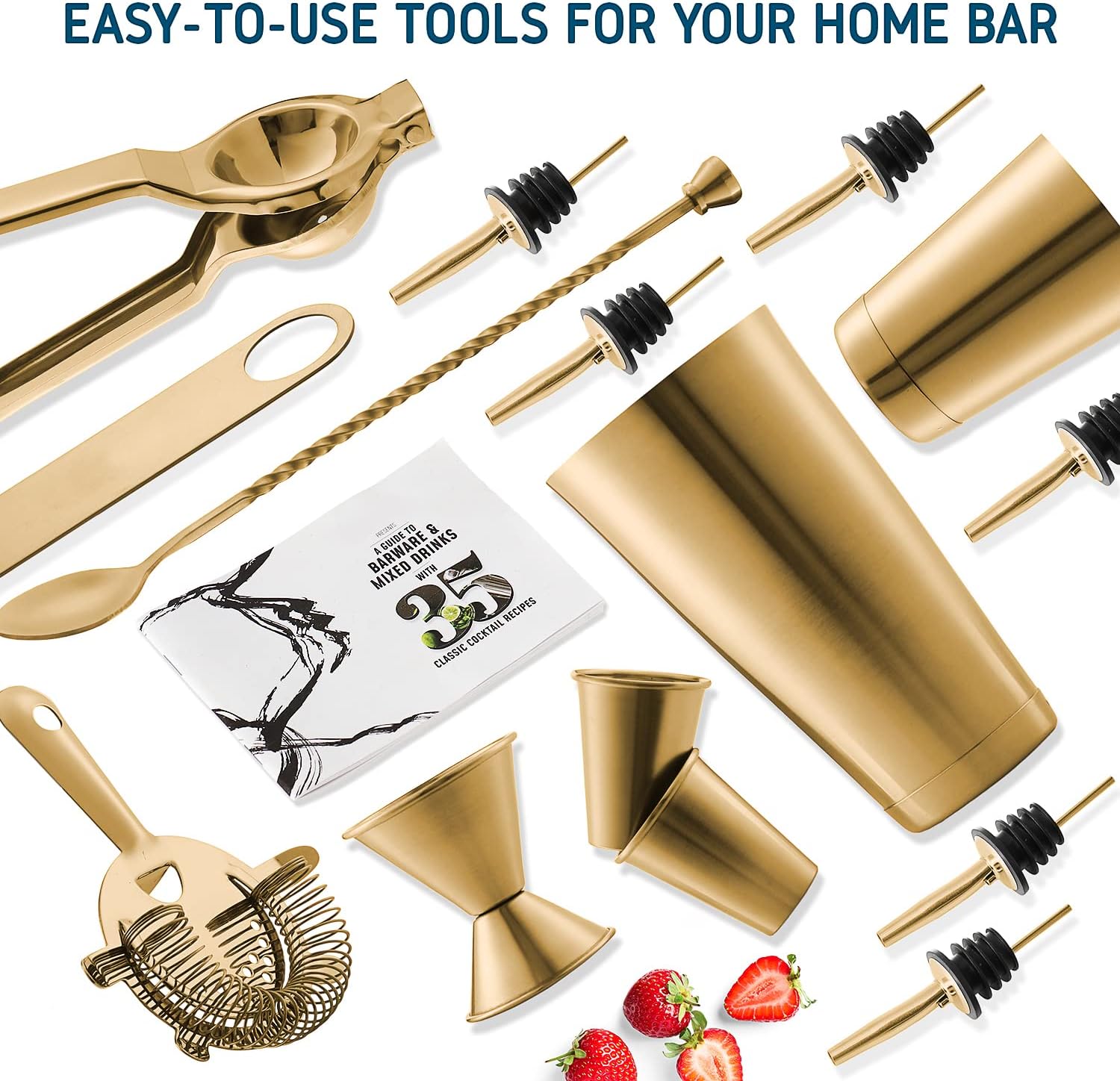Skiennix 16-Piece Cocktail Shaker Set - Premium Stainless Steel Mixology Kit | Gold Bar Tools & Recipe Book