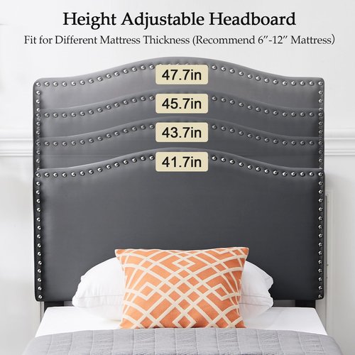 VECELO Twin Bed Frame, Platform Bed Frame with Adjustable Height Upholstered Headboard, Heavy-Duty Frame and Strong Wooden Slats Support, Non-Slip and Noise-Free, Easy Assembly, Dark Grey