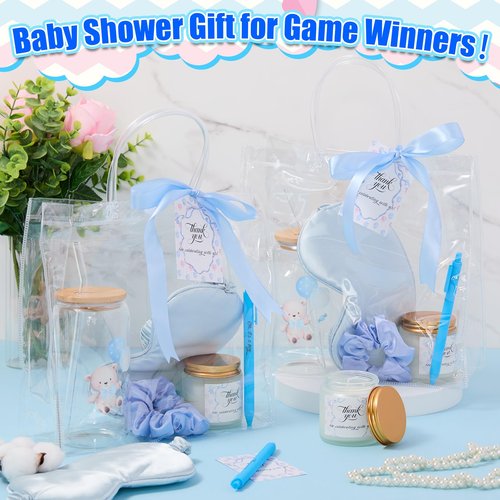 Reallnaive 43 Pcs Baby Shower Prizes for Player Winner Wedding Bridal Shower Favor Gifts Including Glass Cups Aromatherapy Candle Eye Mask Hair Band Greeting Card Pen Ribbon Gift Bag(Bear Style,Blue)