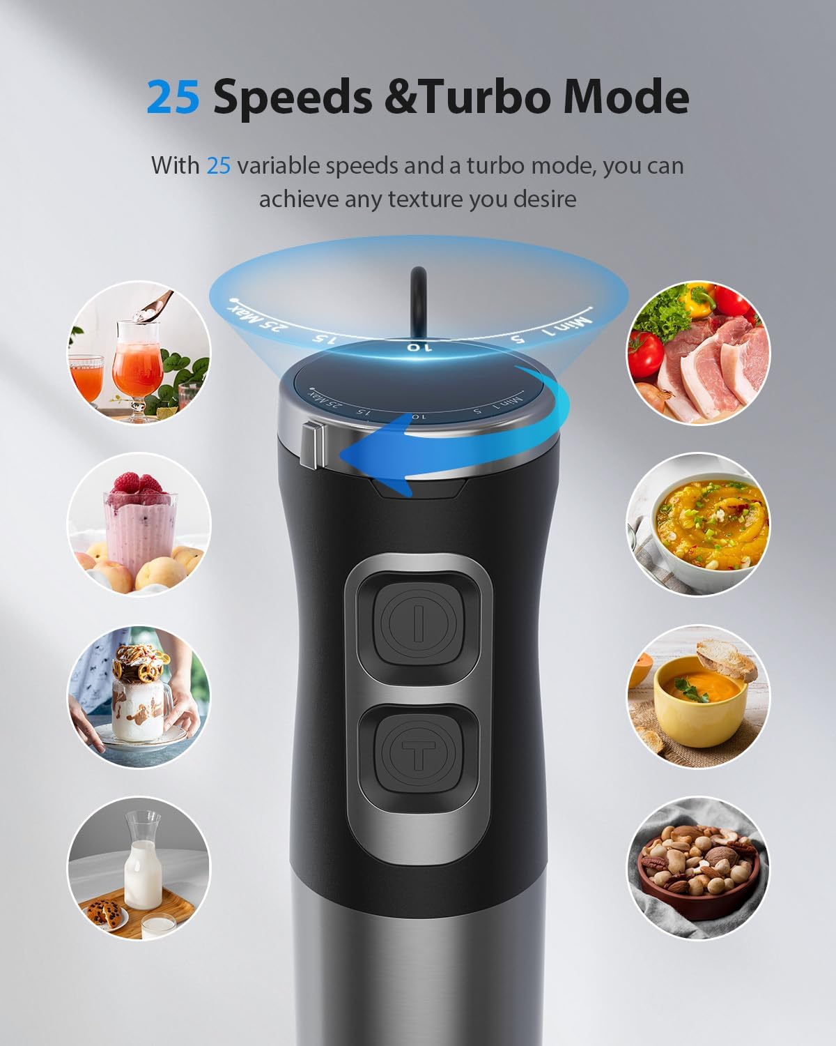 Skiennix 1000W Immersion Blender - Powerful Handheld 25-Speed with Heavy-Duty Copper Motor | Silver