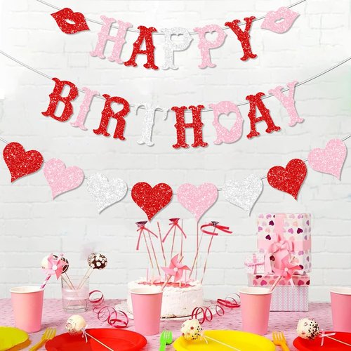 FHGG Glitter Valentines Birthday Decorations Banner Pre-Strung Red Glitter Heart Garland Happy for Galentine's Valentine' Birthday Party Decor NO DIY