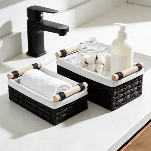 Baskets for Organizing, Set of 2 Black Paper Rope Bathroom Countertop Baskets with Liner, Woven Basket Organizer with Wooden Handles for Vanity, Counter, Shelf Storage
